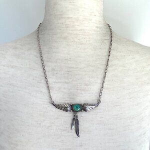 VTG Sterling Silver 925 H. Spencer Navajo Turquoise Leaf Feather Necklace 20.5"